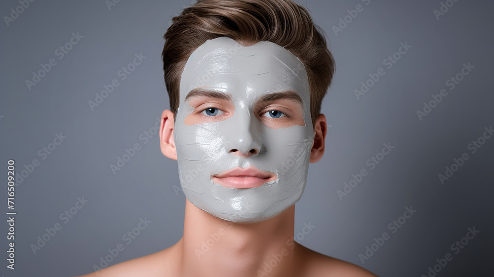 Skin care, beauty and man with mask on face on gray background for wellness, facial care and dermatology Skin care, beauty and man with mask on face on gray background for wellness, facial care and dermatology