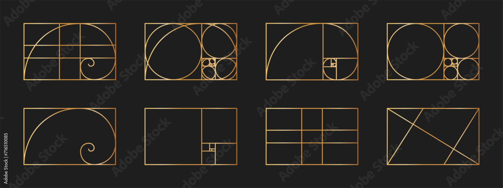Set of golden ratio templates. Logarithmic spiral in rectangle frame divided on lines, squares and circles. Fibonacci sequence grids. Ideal nature symmetry proportions layouts. Vector illustration - obrazy, fototapety, plakaty 