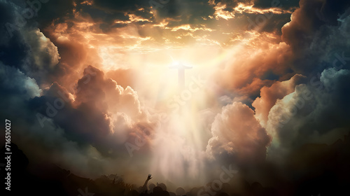 Heaven opens as God comes down to earth for the final judgment. Reckoning day concept religious theme. photo
