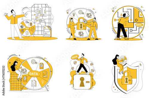 Data management vector illustration. Data security is fortress protecting valuable assets within database Big data is raw material awaiting sculptors touch in realm analytics In landscape information
