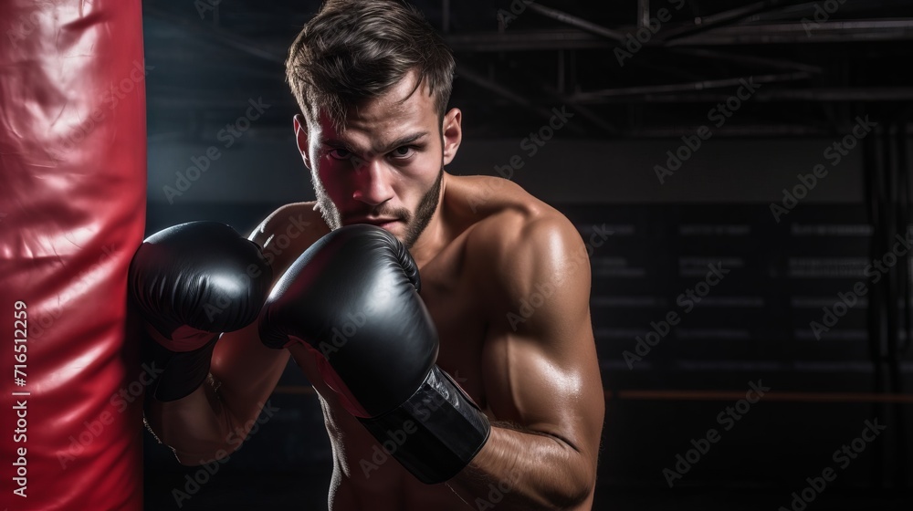 Young male boxer wearing boxing gloves takes a boxing stance, preparing to punch while training in a dimly lit gym. concept: boxing training, gym
