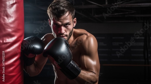 Young male boxer wearing boxing gloves takes a boxing stance, preparing to punch while training in a dimly lit gym. concept: boxing training, gym © Kostya