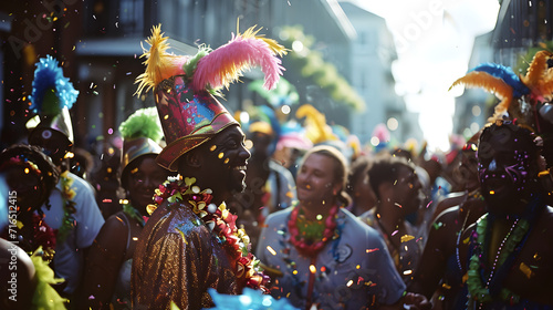people having fun in the carnival with feather costume and confetti in the street. free space for text and advertising.