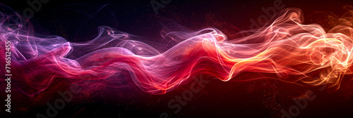 Red, purple and orange color smoke on black background, wide format image.