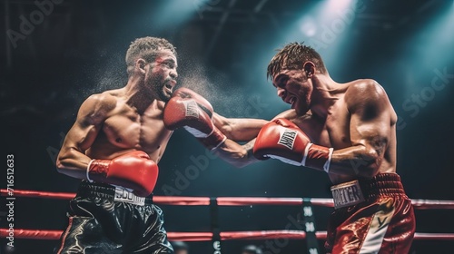 Two professional boxers in a fight exchanging blows in a boxing ring under bright lights. concept: boxing match, boxing, competition