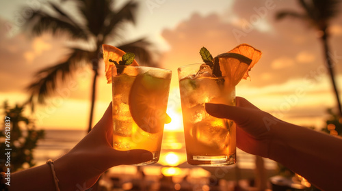 Fototapeta Naklejka Na Ścianę i Meble -  Tropical Toast: Cheers to Summer with Refreshing Cocktails at Sunset