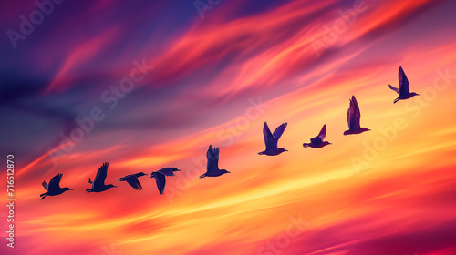 Migratory birds in flight against a colorful sky during seasonal journey. World wildlife day photo