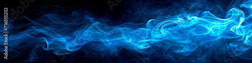 Blue swirling flowing smoke on black background wide format illustration. 