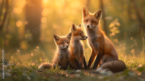 A family of red foxes in the forest during sunrise. World wildlife day concept © Tazzi Art