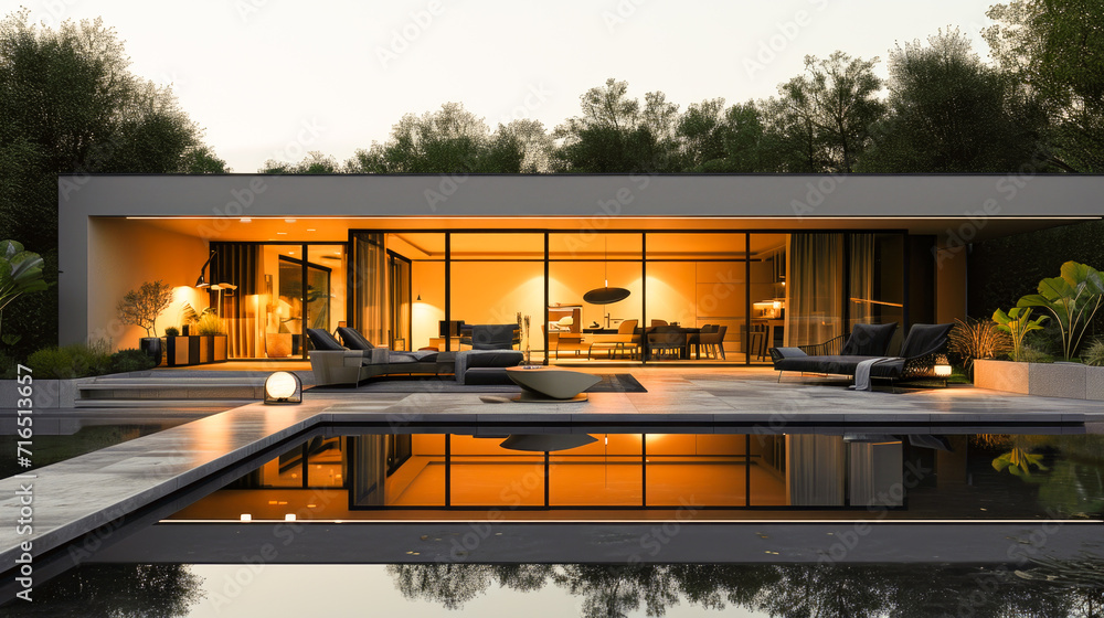 Modern House with Pool at Twilight - Contemporary Architecture and Design