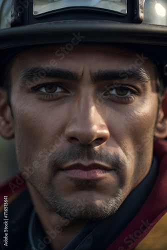 Close Up of Man Wearing Firemans Hat. Generative AI.