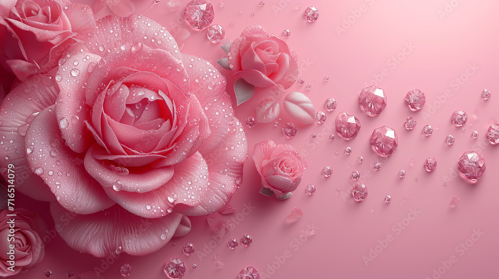 Pink Roses with Dew Drops and Sparkling Diamonds on a Soft Pink Background: A Perfect Image for Romantic and Elegant Themes Pink Roses with Dew Drops and Sparkling Diamonds on a Soft Pink Background: A Perfect Image for Romantic and Elegant Themes