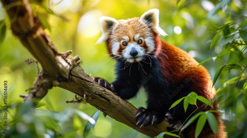 Naklejka premium Vivid Wildlife Photography: Red Panda Perched in a Lush Green Tree