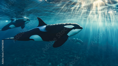 Oceanic Parade: A Pod of Orcas Swimming in Sunlit Waters © romanets_v