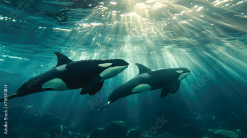 Oceanic Parade  A Pod of Orcas Swimming in Sunlit Waters