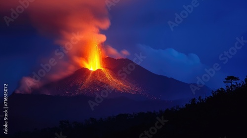 Fiery Night: Volcanic Eruption Illuminating the Sky with Lava