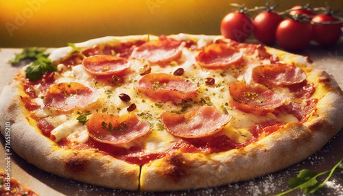 pizza with salami and tomatoes