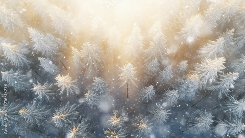 winter panorama from a drone view of a coniferous forest covered with snow, snowflakes falling, wildlife landscape, aerial view