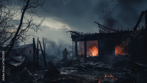 a house damaged by fire, the consequences of destruction, the remains of a house standing alone, a village cottage destroyed by fire, the remains of ash and smoke depressive concept of misfortune photo