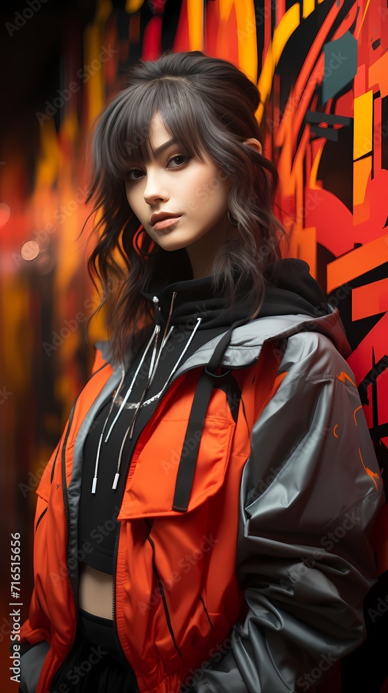 A beautiful Japanese girl in streetwear, standing against a dynamic red background, the high-definition camera capturing the energy of her vibrant fashion choice