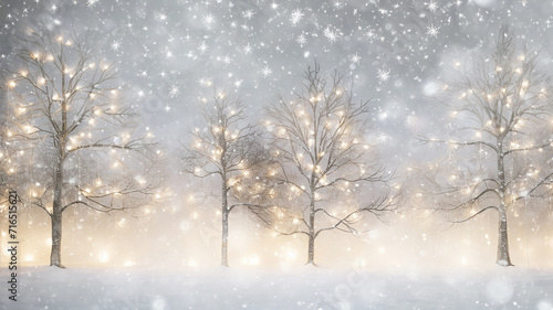 blurry Christmas background, a winter forest in a snowfall, snow-covered trees decorated with small glowing lights, a fairytale landscape © kichigin19
