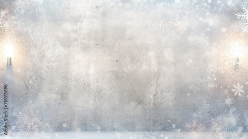 christmas background, empty blank wall decorated with glowing bulbs, snowfall, blurred abstract background © kichigin19