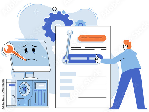 Computer troubleshooting. Vector illustration. Troubleshooting software problems is common difficulty faced by computer users Computer technicians are responsible for working on computer maintenance