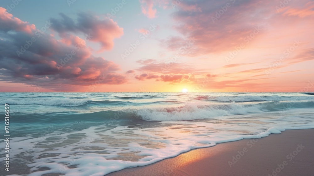Beautiful calm ocean beach waves sunset photography - obrazy, fototapety, plakaty 