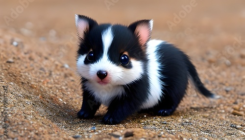 little beautiful puppy in black and white color running on the sand place.