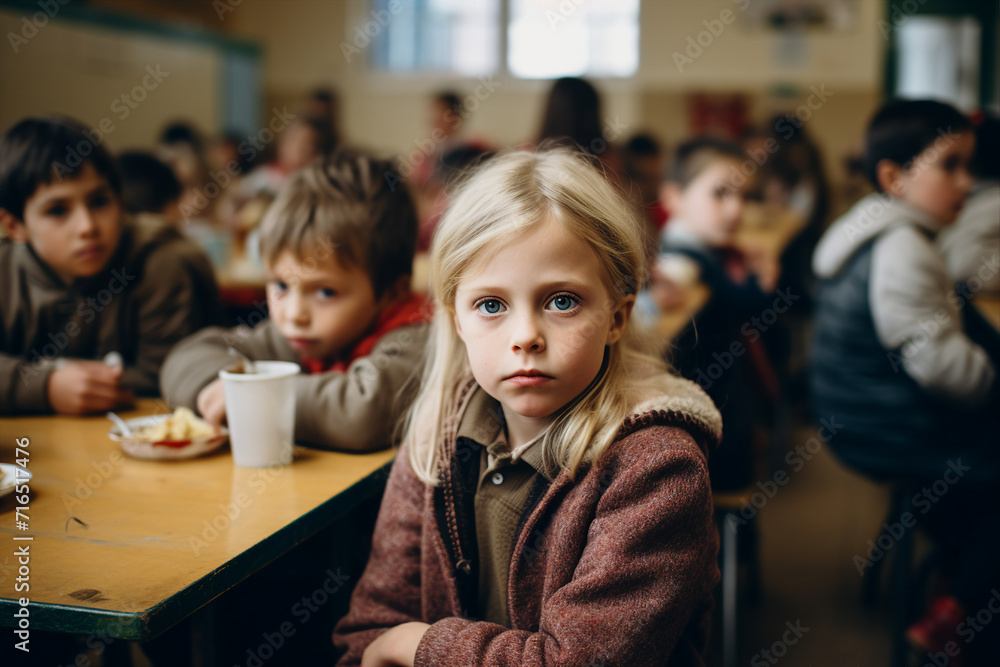 AI generated photography of schoolchild sitting at school canteen AI generated photography of schoolchild sitting at school canteen