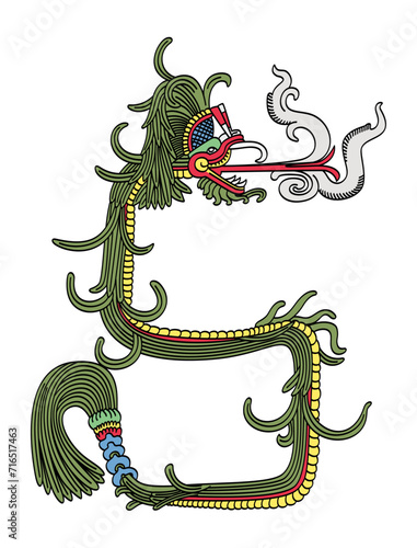 Feathered Serpent, a supernatural entity in Mesoamerican religions. Quetzalcoatl of Aztecs, Kukulkan of Yucatec Maya, and Tohil of Kiche Maya. Colorized plumed serpent as depicted in Chichen Itza.