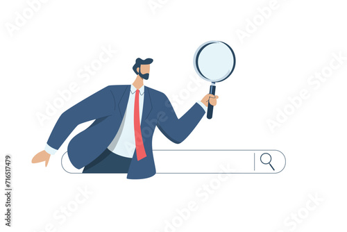 SEO. Search engine optimization, Analyze website page statistics, Internet marketing concepts,  Man with magnifying glass coming out of web browser bar. Searching for information online.
