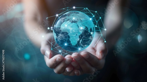 Hand holding Global world telecommunication network connected around planet Earth for internet and worldwide communication technology about finance   