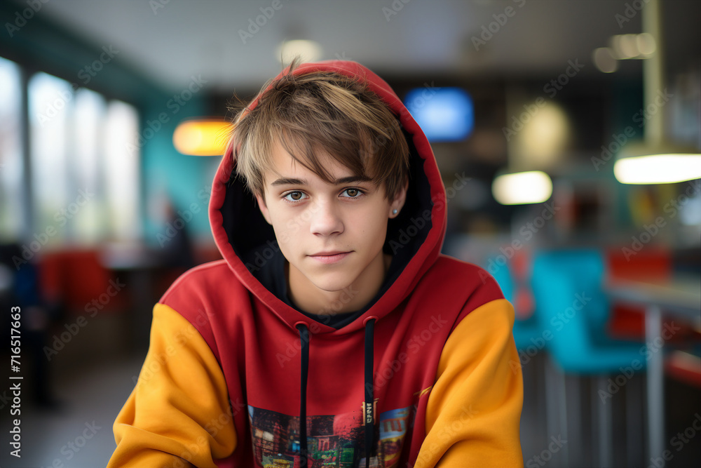 Generative AI picture of college student sitting in canteen cafe Generative AI picture of college student sitting in canteen cafe