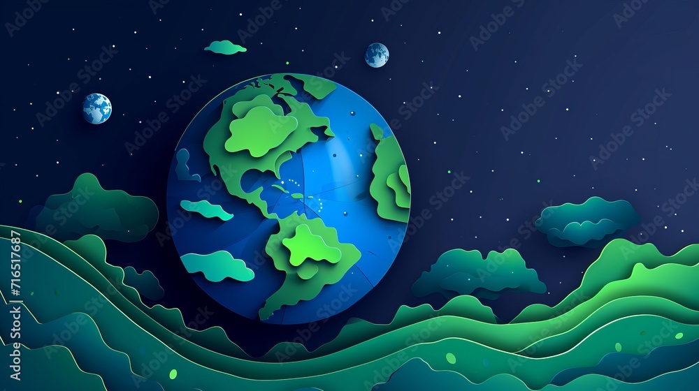 Planet earth in 3d paper cut style. World globe in space. Eco friendly concept for logotype. Vector illustration. Earth day illustration, save mother earth.    