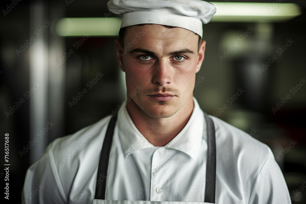 Generative AI picture of professional chef cooker preparing meal in school canteen for children