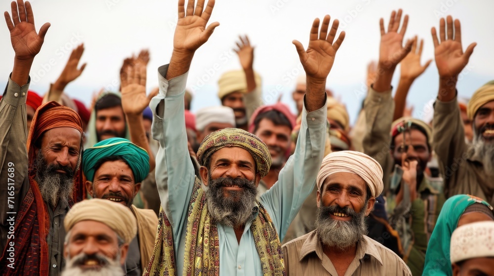 Group of Pakistani men in traditional clothing raising their hands together