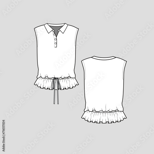 Sleeveless knotted ruffles top Collar neck button panel waist gatherings knot tie Ruffles frill hem top blouse t shirt Fashion clothing flat sketch drawing template design vector