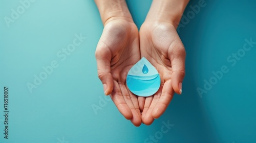 Woman hand holding smile water drop paper cut, world water day, clean water and sanitation, hand sanitizer and hygiene, washing hands, CSR, save water, clean renewable energy concept 