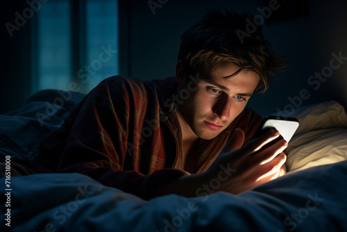 AI generated image of person using mobile phone in the dark room at late night