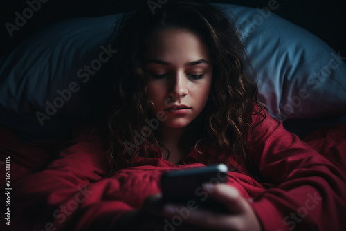 AI generated photo image of person lying on bed at late night and use smartphone
