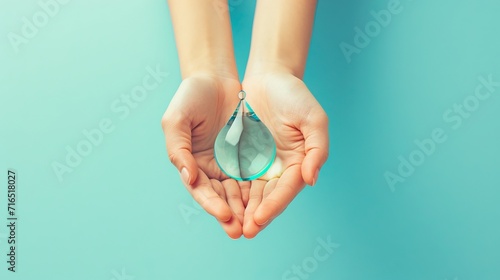 Woman hand holding smile water drop paper cut, world water day, clean water and sanitation, hand sanitizer and hygiene, washing hands, CSR, save water, clean renewable energy concept 