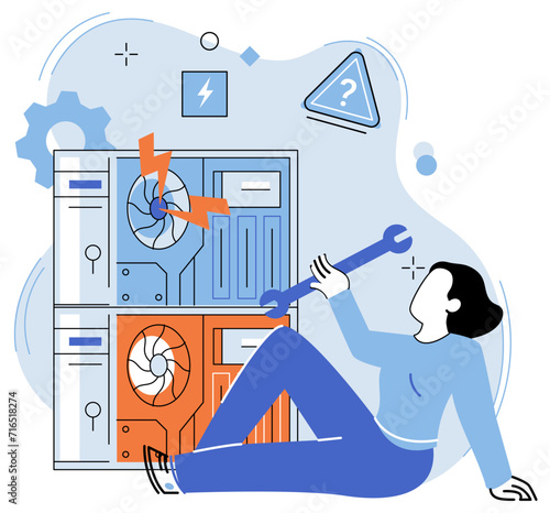 Computer troubleshooting. Vector illustration. Technicians are skilled in renovation and restoration computers The renewal process involves computer troubleshooting and adjustment Fixing computer