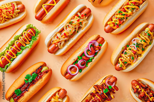 Hot dogs with different ingredients with orange background.. Top view.