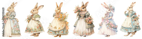Set of watercolor bunny in an elegant dress , easter basket and spring flowers , illustration PNG element cut out transparent isolated on white background ,PNG file ,artwork graphic design.