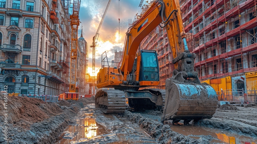Dynamic Construction Site Scene: Heavy Machinery, Including Cranes and Excavators, Busily Erecting a New Structure Dynamic Construction Site Scene: Heavy Machinery, Including Cranes and Excavators, Busily Erecting a New Structure