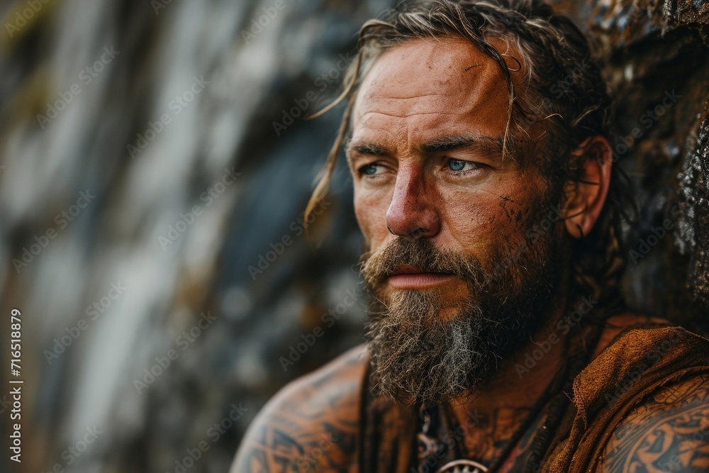 A group of Viking men with beards and military markings on their faces, deeply focused before battle and looking into the distance. concept: reconstruction of Viking times A group of Viking men with beards and military markings on their faces, deeply focused before battle and looking into the distance. concept: reconstruction of Viking times