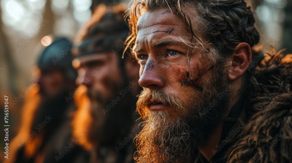 vikings, historical, costume, beards, military, markings, portrait, concentration, characters, cultural, heritage, traditions, masculinity, seriousness, group, unidirectional, look, vintage, clothing,