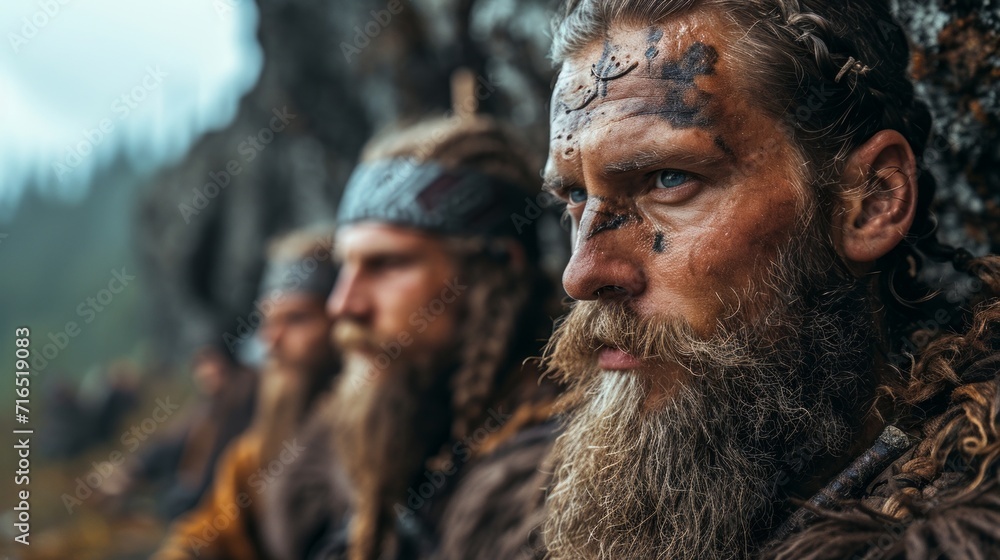 A group of Viking men with beards and military markings on their faces, deeply focused before battle and looking into the distance. concept: reconstruction of Viking times