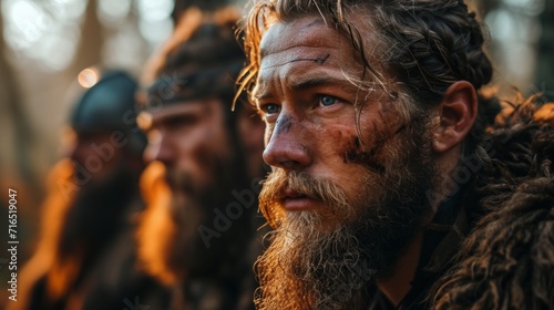 vikings, historical, costume, beards, military, markings, portrait, concentration, characters, cultural, heritage, traditions, masculinity, seriousness, group, unidirectional, look, vintage, clothing, photo
